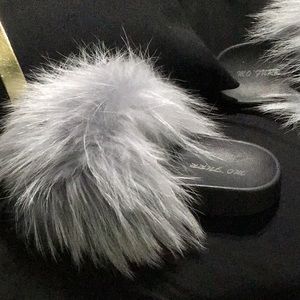 Open Toe Fluffy Slides Fox Fur Feather Sandals Fur Slip On Shoes for Women